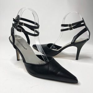 Pierre Dumas Black Pointy Toe Ankle Strappy Heels
